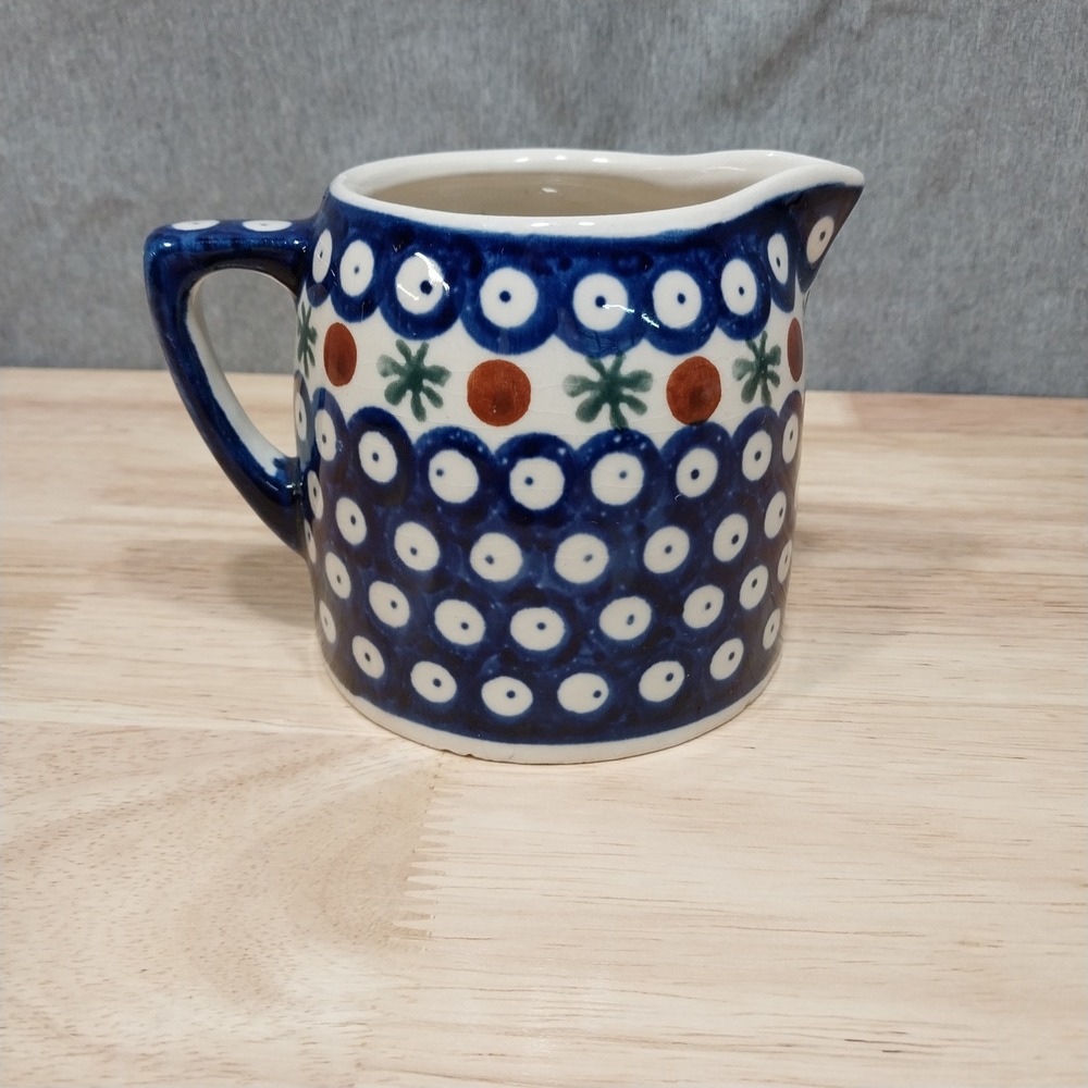 Boleslawiec Polish Pottery Creamer Pitcher Peacock Eye Hand Made‎ 3.75in Blue
